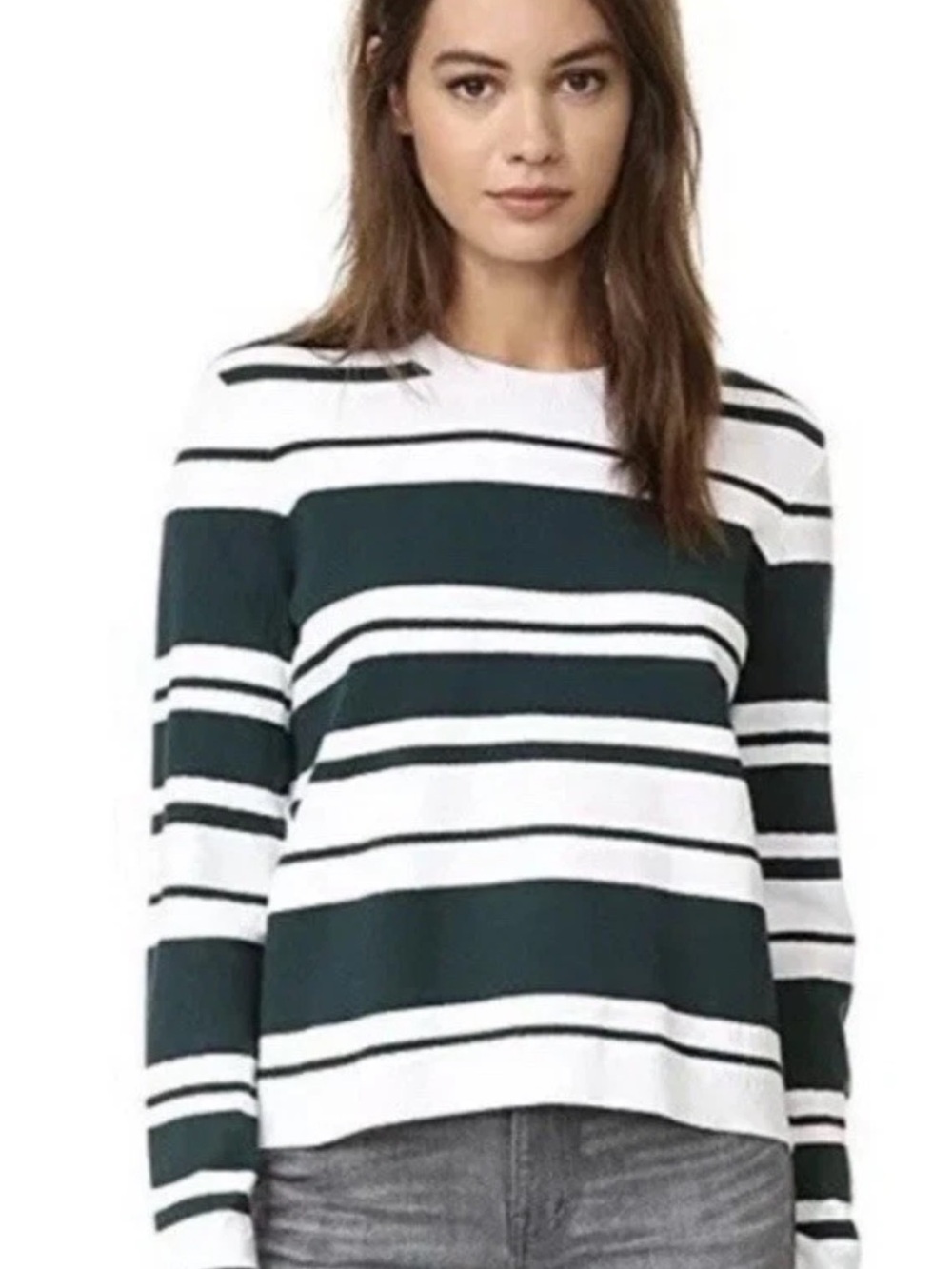 FRAME DENIM Sculpture Spruce Green Stripe Crew Neck Sweater Size Small